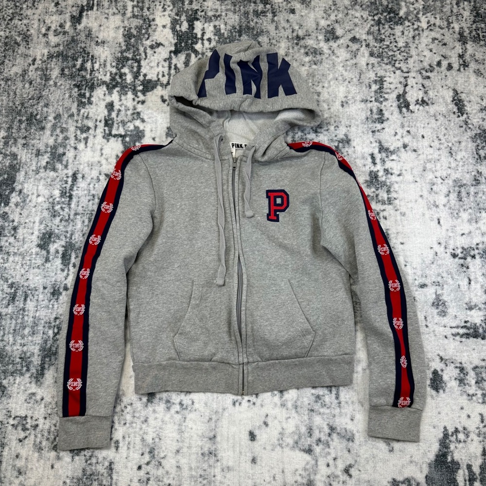 PINK Victoria's Secret Full Zip Hoodie Women Small Gray Varsity Stripe Logo P